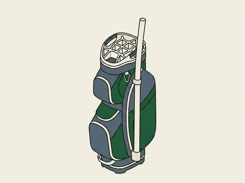 Illustration of a golf cart bag with a narrow round tube fixed to the outside of the body running up past the rim