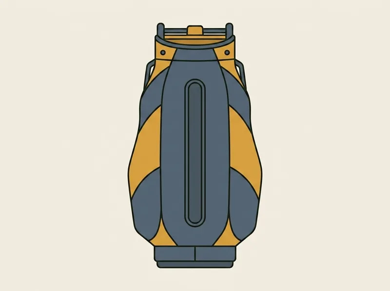 Illustration of a wide golf cart bag seen from behind with a recessed vertical channel running down the back panel