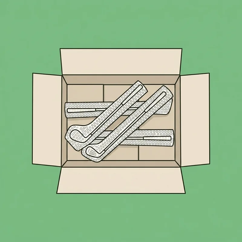 Two golf clubs wrapped in bubble wrap inside a plain open shipping box