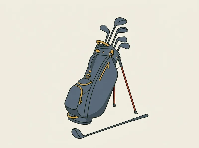 Illustration of a golf stand bag holding clubs beside a single golf driver lying on the ground