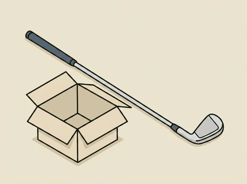 Illustration of a single golf club lying beside a plain open cardboard box