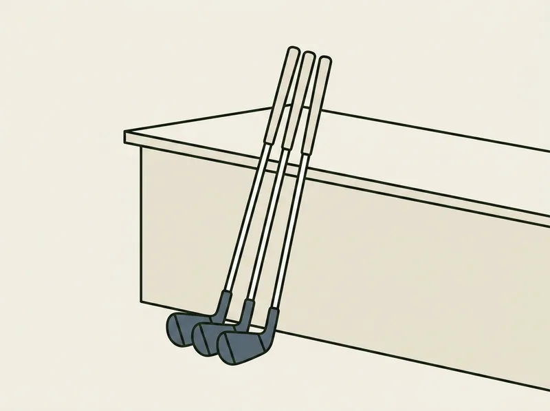 Illustration of three golf irons leaning against a plain shop counter