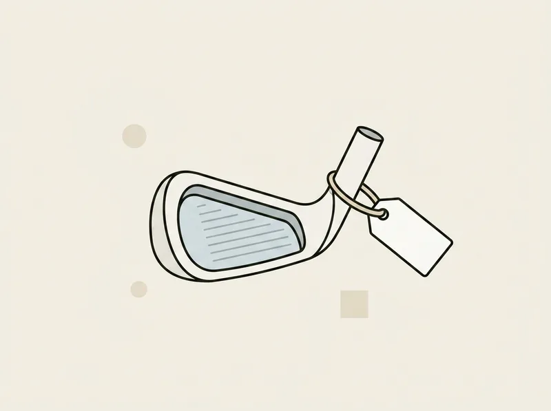 Illustration of a golf iron head with a plain blank tag tied to the hosel