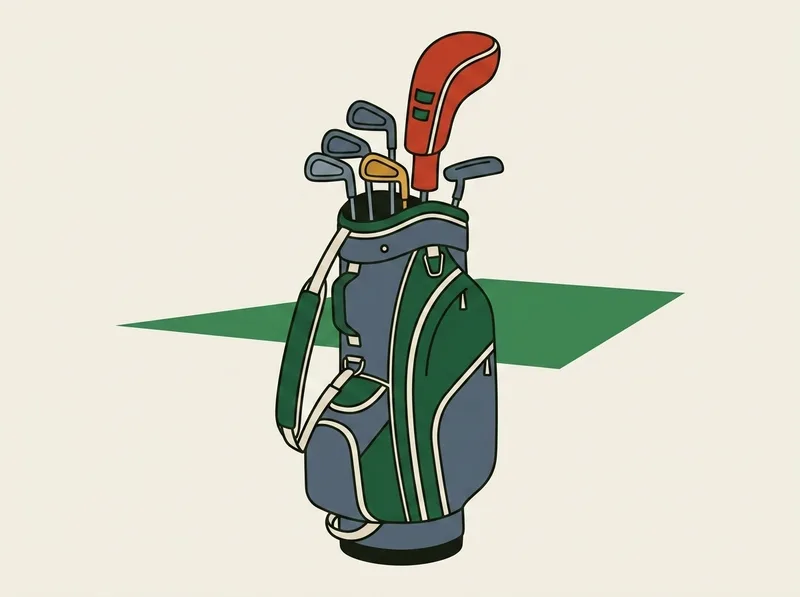 Illustration of a golf cart bag holding a full set of clubs with a headcover on the driver