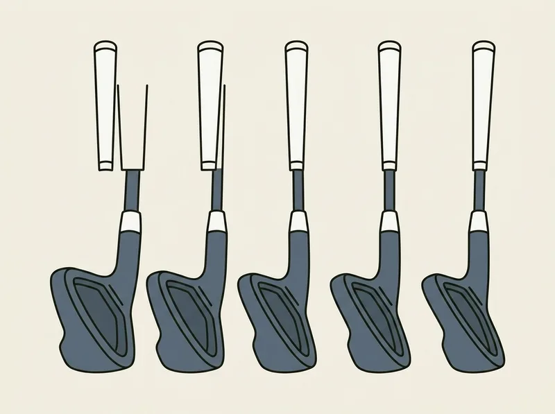 Illustration of a row of wide-soled cavity back golf irons