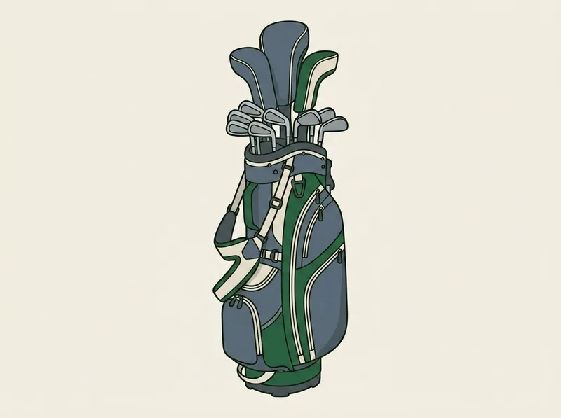 Illustration of a full set of golf clubs standing in a cart bag with headcovers on the woods