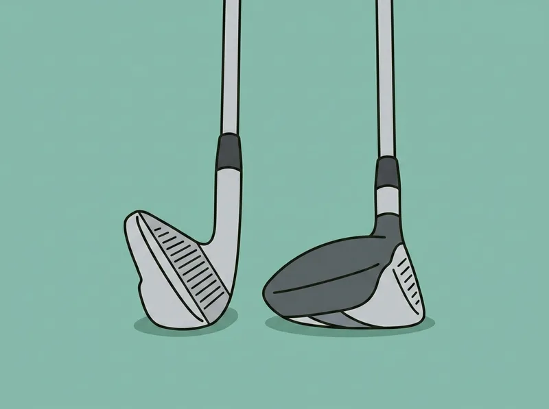 Illustration of a golf iron head and a hybrid head standing side by side on their soles