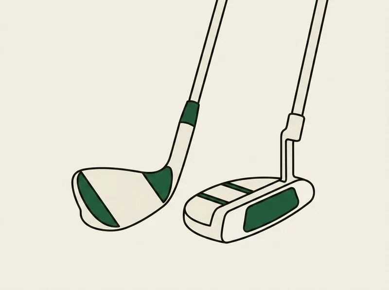 Illustration of a golf wedge head and a mallet putter head resting side by side
