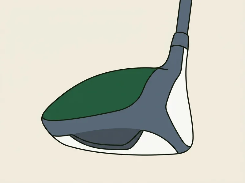 Illustration of a large golf driver head seen from three quarters behind, showing the smooth rounded crown