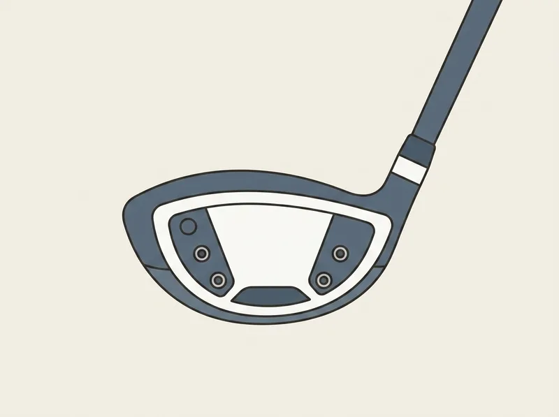 Illustration of a golf driver lying with the sole of the club head facing the viewer, showing round weight ports set into the sole