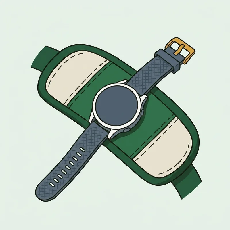 A sports watch resting on the arm of a golf bag with a blank unlit screen