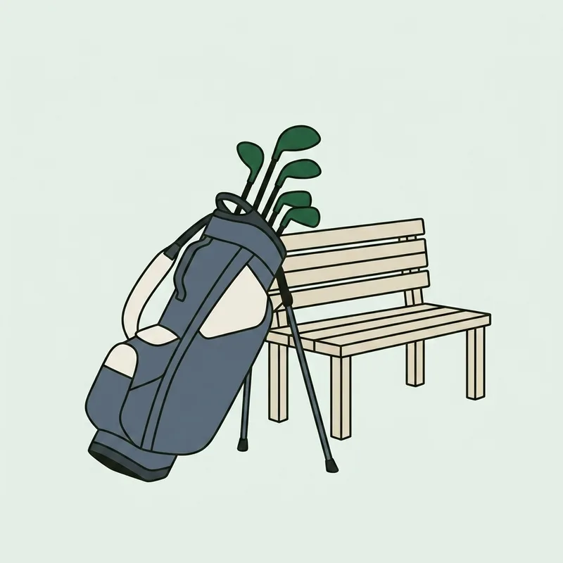 A golf bag standing beside a bench on a quiet first tee early in the morning