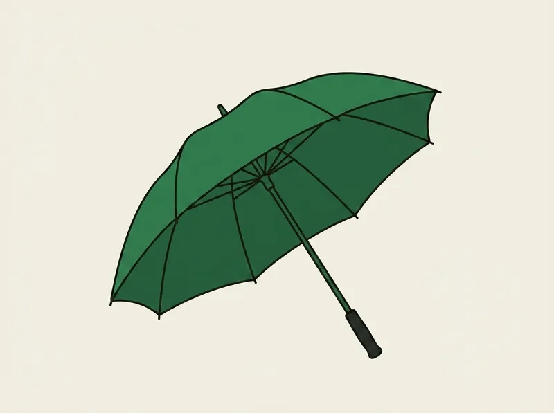 Illustration of a large open golf umbrella standing on a plain surface