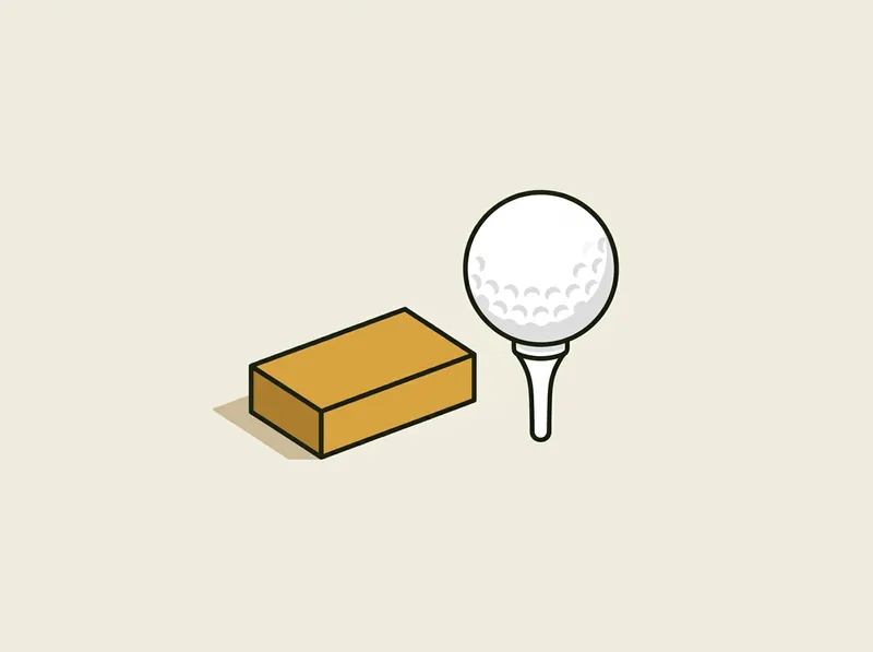 Illustration of a golf ball on a tee beside a plain wooden tee marker block