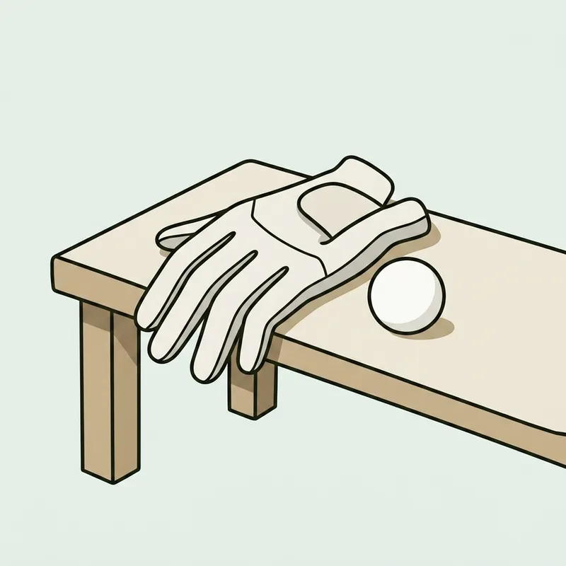 A golf glove lying loosely on a plain wooden bench beside a golf ball
