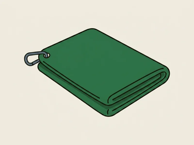 Illustration of a folded golf towel with a small metal clip attached to one corner