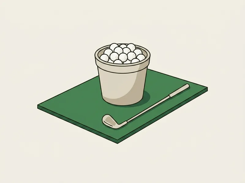 Illustration of a bucket of golf balls sitting on a plain mat beside a single iron