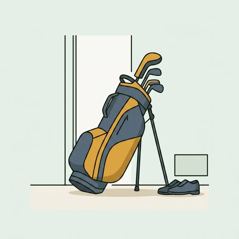 A golf bag standing upright by a doorway with a pair of shoes on the floor beside it