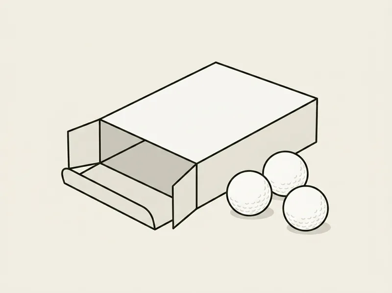 Illustration of a plain open box of golf balls with three balls resting beside it