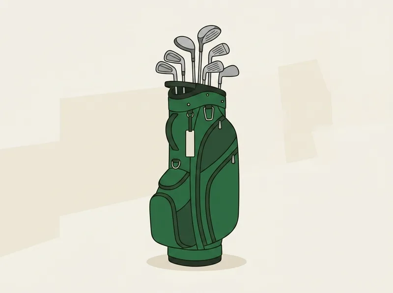 Illustration of an upright golf cart bag with several club heads visible above the rim