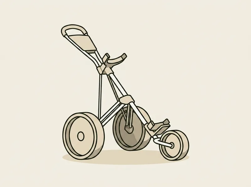 Illustration of a folded three wheel golf push cart standing upright