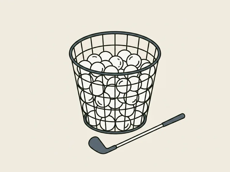 Illustration of a wire range basket holding golf balls beside a single iron