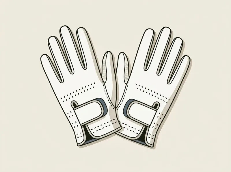 Illustration of a matching pair of golf gloves, a left and a right, laid side by side with textured palms