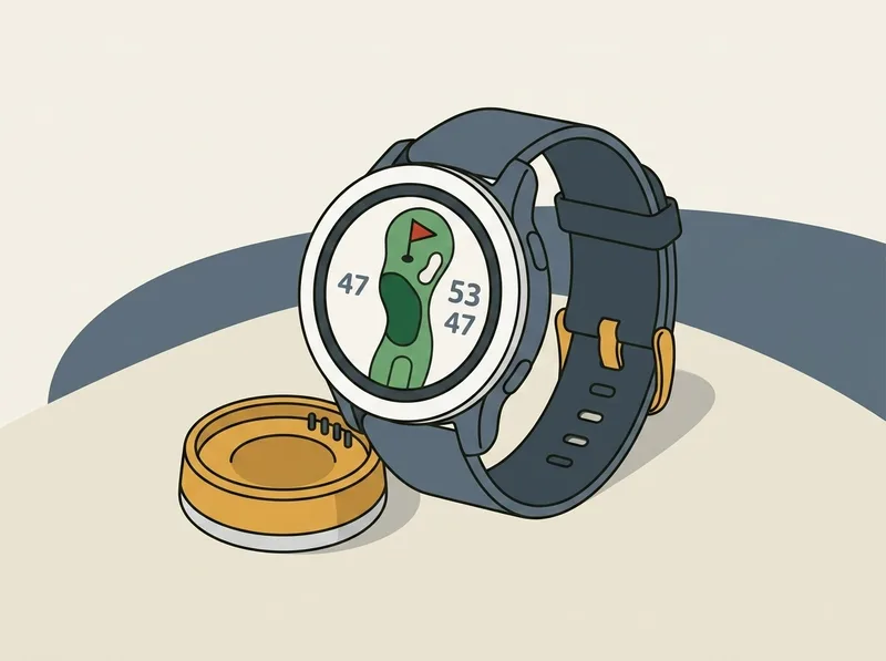 Illustration of a golf GPS watch with a ceramic bezel around a round screen, beside a small charging cradle