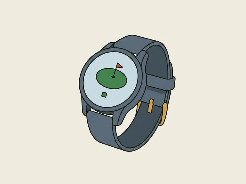Illustration of a golf GPS watch with a round screen and a fastened strap