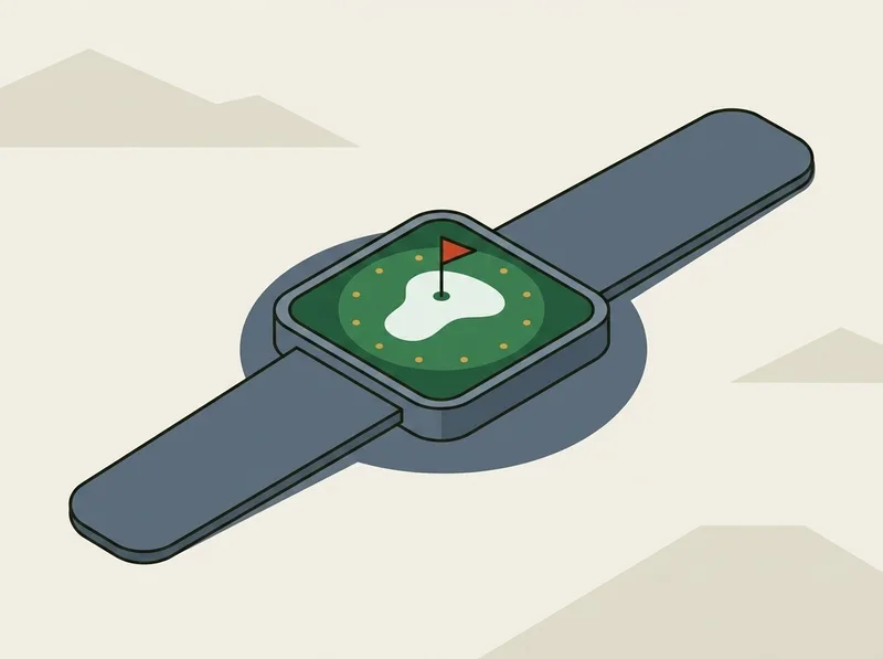Illustration of a slim golf GPS watch with a square case and an open strap