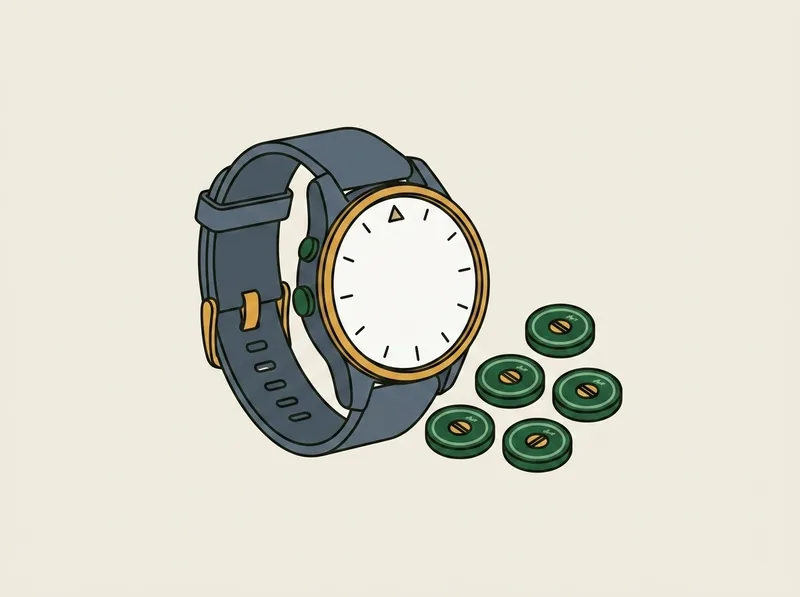 Illustration of a golf GPS watch resting beside a group of small round club tracking tags