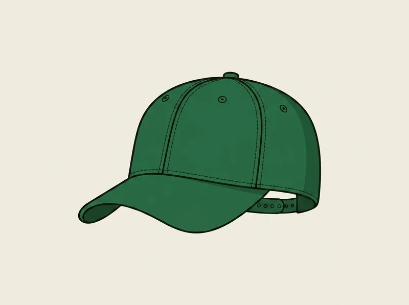Illustration of a structured six panel golf cap with a curved peak and a snap closure at the back