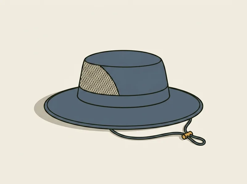 Illustration of a wide brimmed golf sun hat with a mesh crown panel and a drawcord toggle