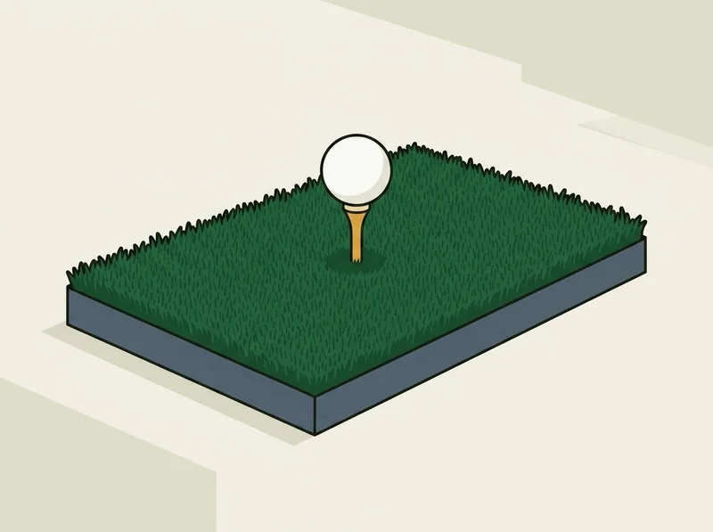 Illustration of a thick rectangular golf practice mat with dense turf on top and a visible base layer, with a wooden tee and ball