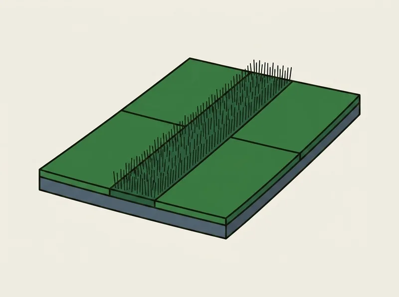 Illustration of a panelled golf practice mat with a strip of longer upright fibres down the middle on a low rubber base