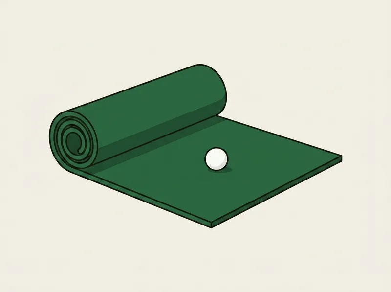 Illustration of a large rectangular golf practice mat with one end rolled up like a carpet