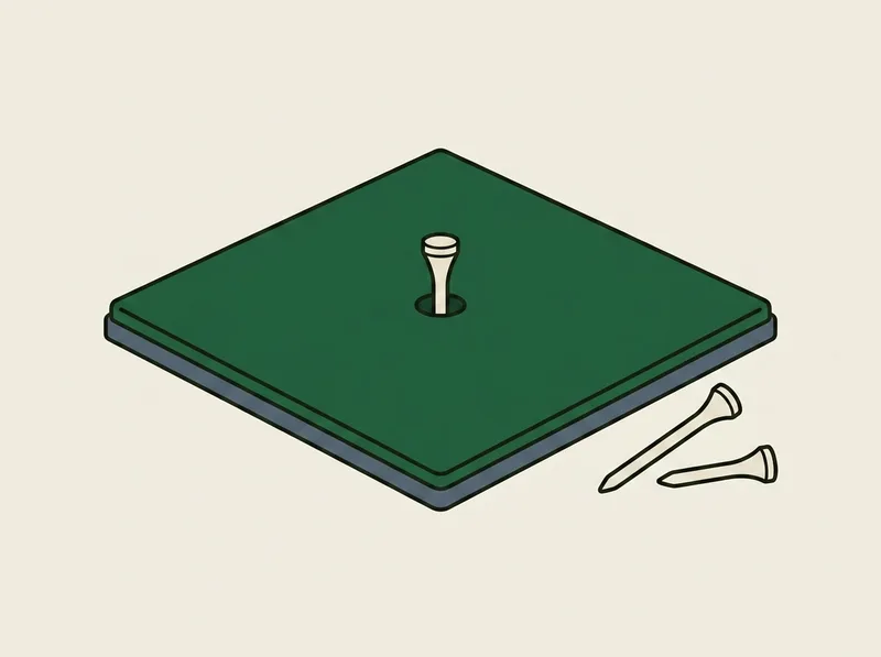 Illustration of a square golf practice mat lying flat with rubber tees of different heights beside it