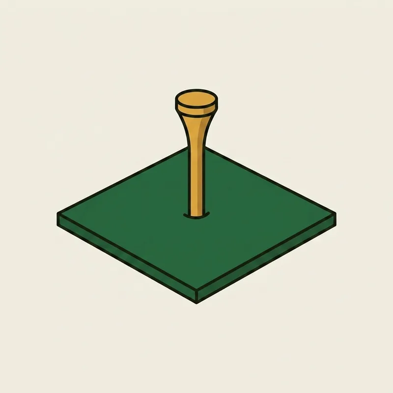 A single wooden golf tee pushed upright into a small square piece of artificial practice turf