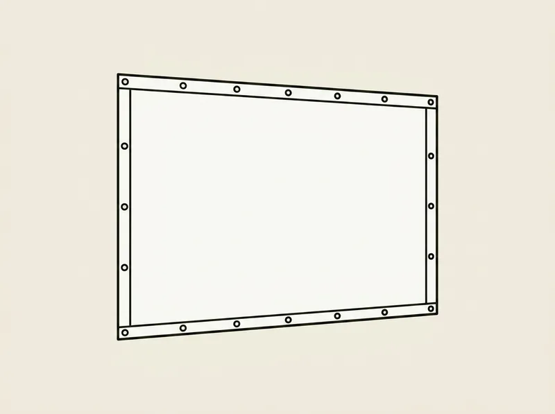 Illustration of a flat white fabric screen with grommets along each edge