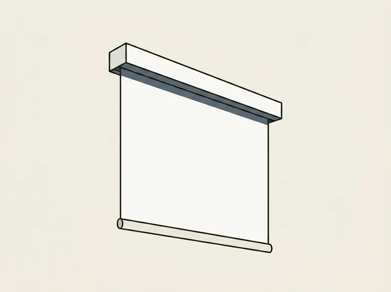 Illustration of a ceiling-mounted retractable screen housing with a rolled fabric panel partly extended
