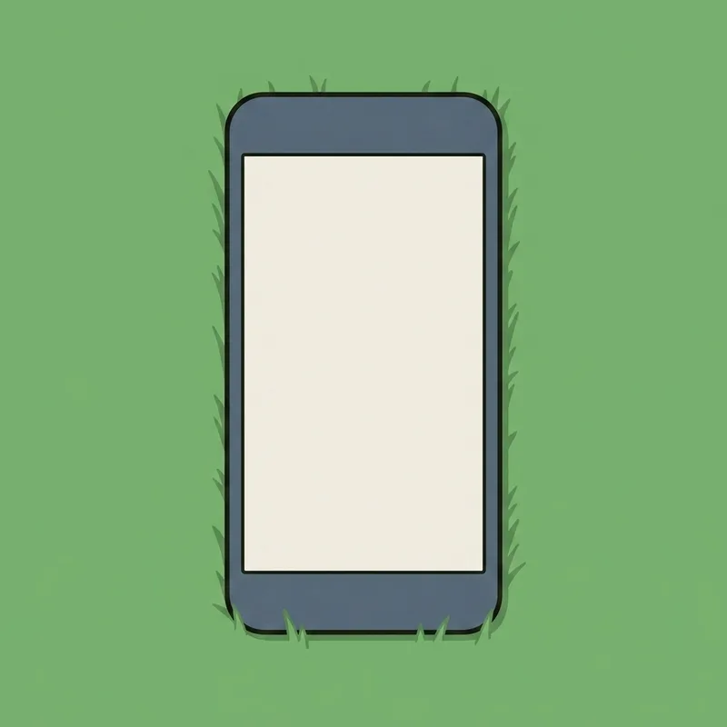 A smartphone lying face up on grass with a completely blank screen