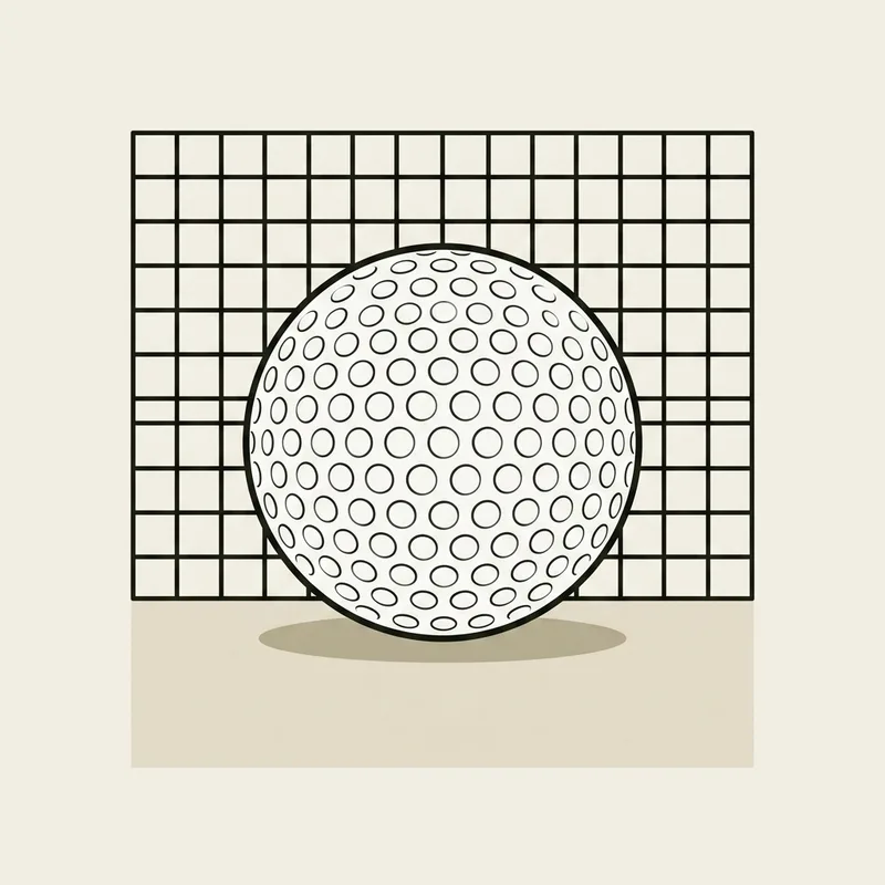 A single golf ball resting on the ground against a taut panel of square mesh netting