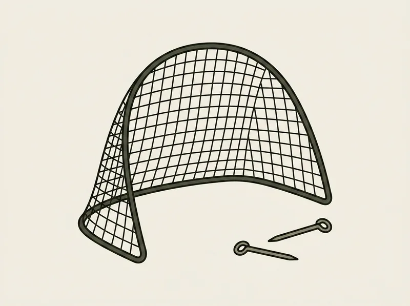 Illustration of a small golf practice net on a curved bow-shaped frame with two ground pegs beside it