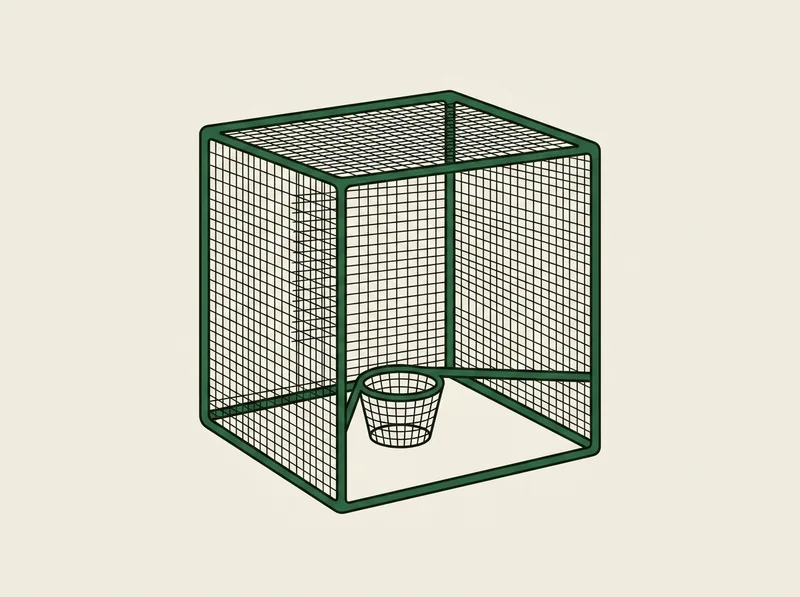 Illustration of a cube-shaped pop-up golf practice net with a flat mesh roof panel