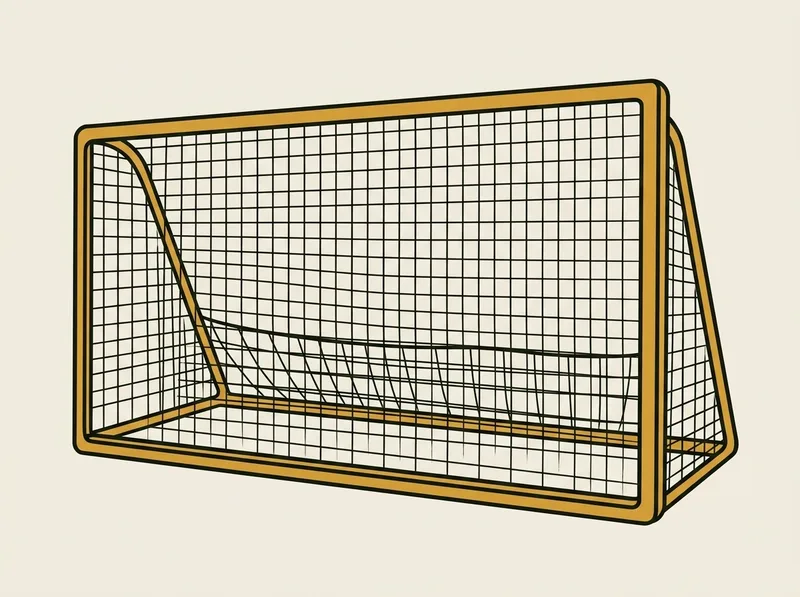 Illustration of a wide low golf practice net with a broad rectangular frame and a shallow mesh pocket