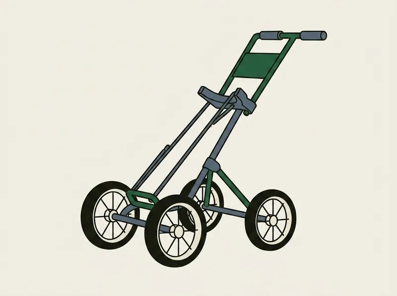 Illustration of a four wheeled golf push cart standing open with a webbing panel below the handle bar and a bag cradle on the frame