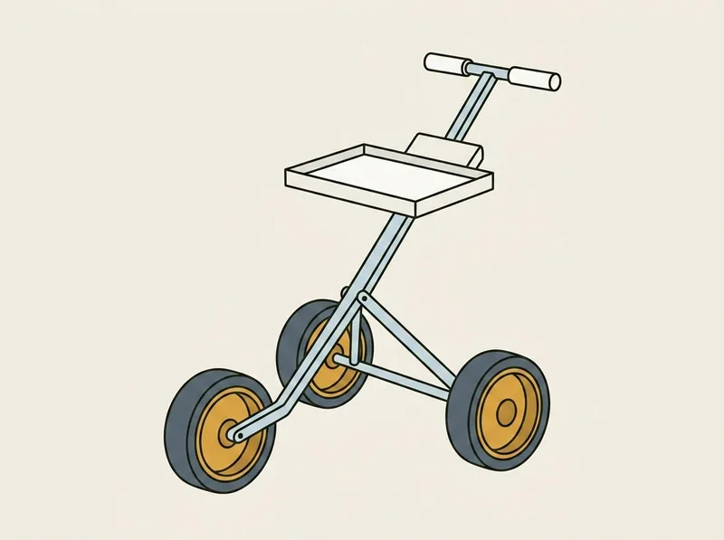 Illustration of a three wheeled golf push cart with a flat tray console below the handle bar