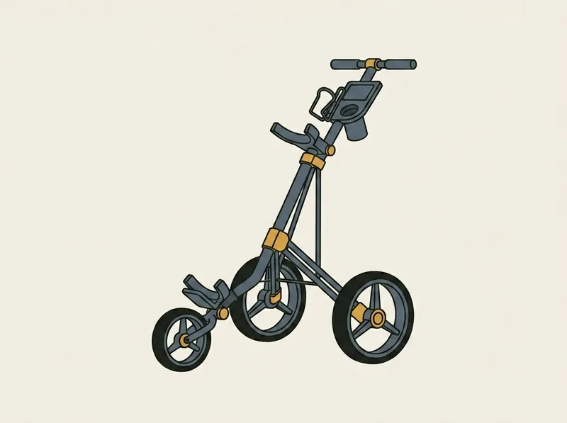 Illustration of a three wheeled golf push cart standing open with a handle bar across the top