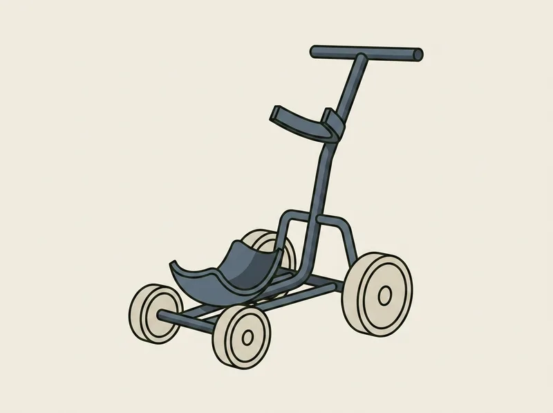 Illustration of a four wheeled golf push cart standing open with two small front wheels and two larger rear wheels
