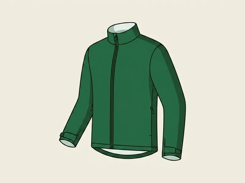 Illustration of a waterproof golf jacket with a full-length centre zip, a stand collar and zipped side pockets